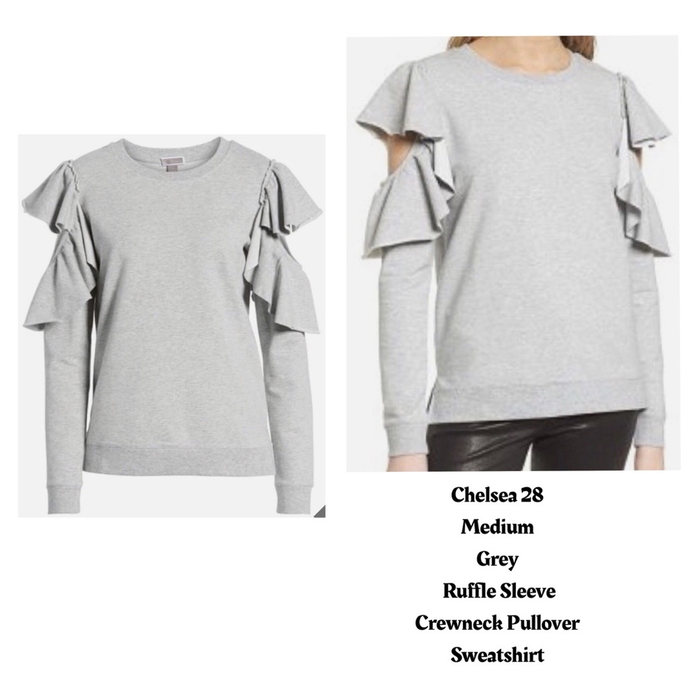 Chelsea28 Medium Grey Ruffle‎ Sleeve Crewneck Pullover Sweatshirt Casual Comfort